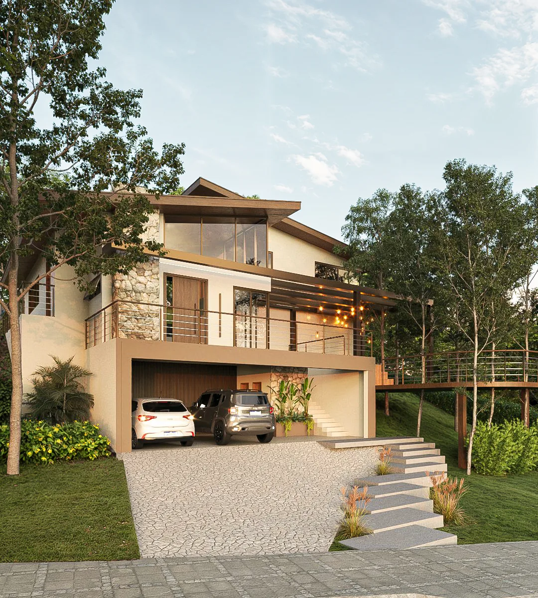 Projeto R.K — Vista lateral com pergolado