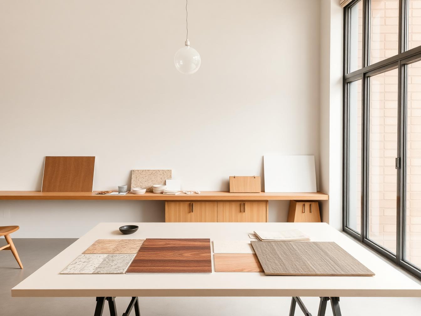 Mesa de trabalho do escritório com amostras de materiais